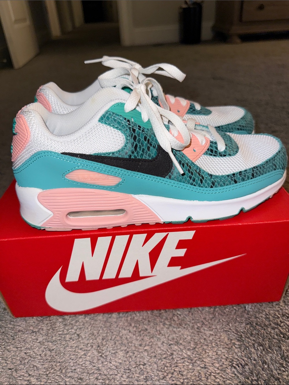 Nike Air Max 90 Youth Sneakers - Teal, Coral & White with Black Swoosh